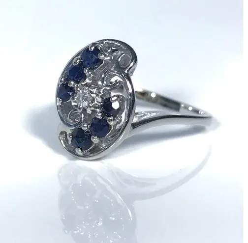 14KT SOLID WHITE GOLD DIAMOND & SAPPHIRE VINTAGE .64 TOTAL CARAT RING
