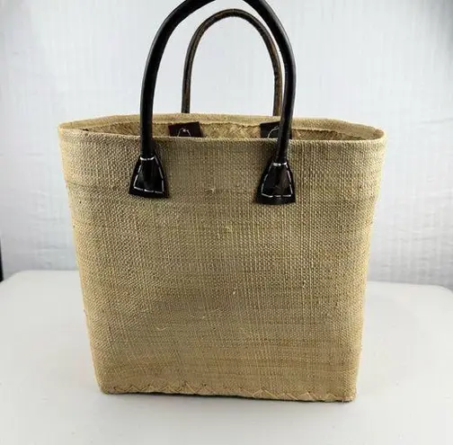 ONIGO Elegant Natural Woven Handmade French Basket Tan Tote Bag Leather Handles
