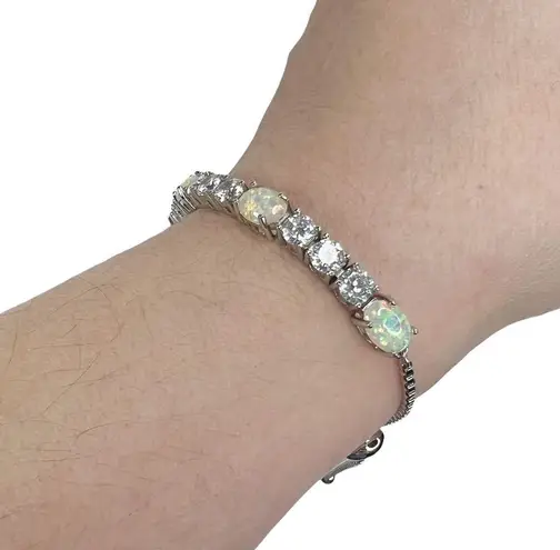 Synthetic Opal and Rhinestone Bolo Slide Lock Silver Tone Bracelet