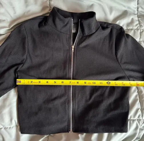 Solid Black Athletic Y2K Zip Up Slim Fit Crop Long Sleeve Top Size Large