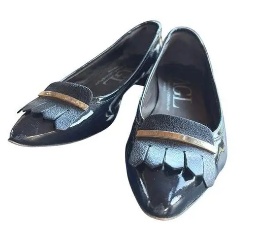 AGL Designer Pointed Toe Fringe Career Flats Navy Gold Leather Italian Size 6.5 Blue