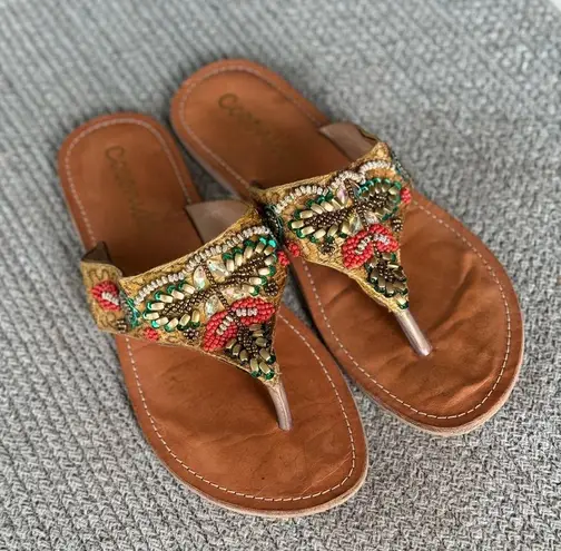 Vintage Coconuts Beaded Leather Flip Flops Sandals Size 9 Tan