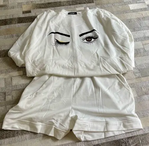 White 2 Piece Shorts & Top w/Eyes Size L