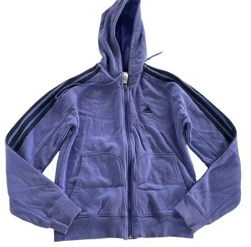 Adidas  Jacket Women Medium Purple Fleece Black Stripe Zip Hooded Cotton Poly