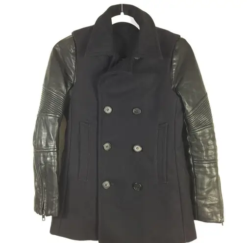All Saints Zaskia Pea Coat Navy Wool Black Leather
Sleeves Double Breasted