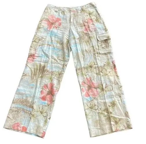 Tommy Bahama  women’s linen cargo pants Size 8 Pastel floral Wide leg Flowy Beach