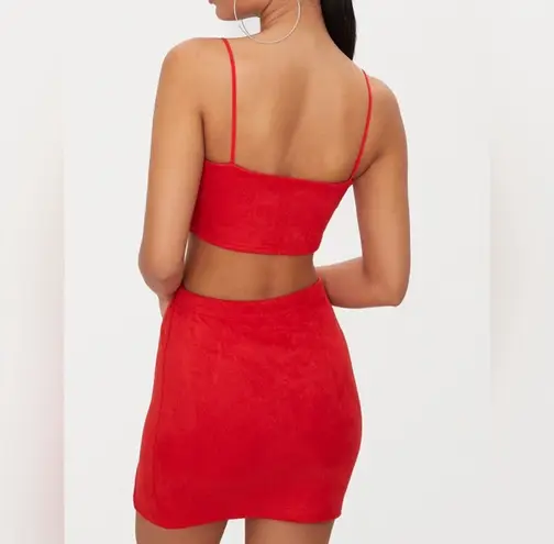 Pretty Little Thing Red Faux Suede Two Piece Skirt Set