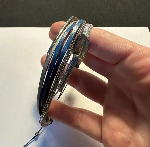 Bead & Faux Leather Multi Strand Bracelet Adjustable Slide Blue/Grey/Tan