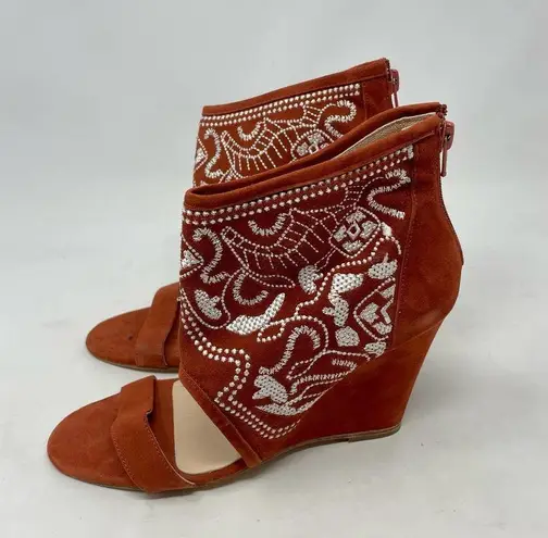 Anthropologie  Plomo Paula Embroidered Wedge Sandals Rust Size 37 / US 6.5