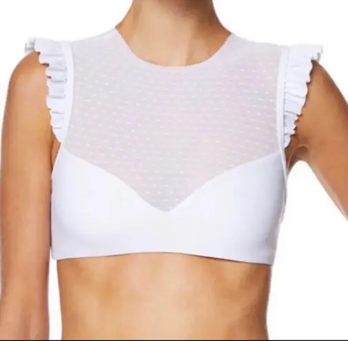 Avec Les Filles NWT Mesh Ruffle White Bikini Set sz L white polkadot mesh