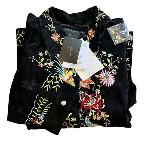 Avanti NEW Womens 3X Black Suede Leather JACKET Embroidered Bird Floral Mob Wife