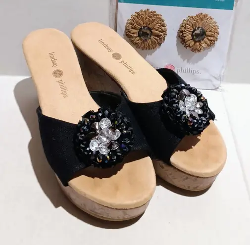 Lindsay Phillips Black Devon Wedge Sandals-Size 7-Interchangeable Clips-Lalita