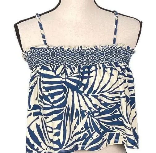 Patrons of Peace blue and ecru tropical style smocked crop top. Size Medium. EUC