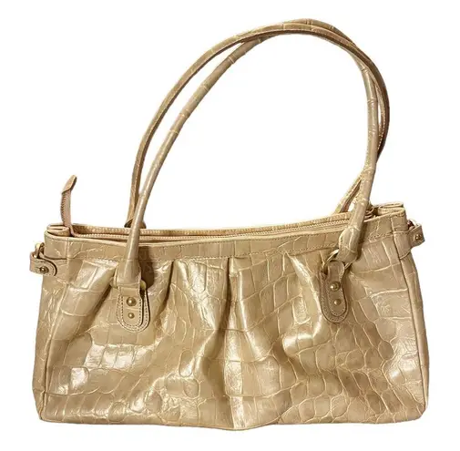 Brahmin Croc Embossed Leather Satchel Dual Handle Zipper Closure Cream Handbag