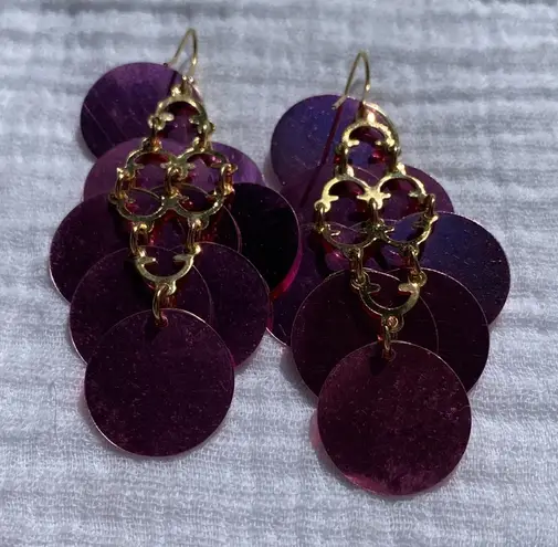 Purple Gold sequin paillette chandelier earrings dangle 3 inch long lightweight Pink