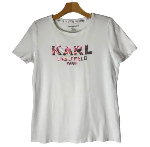 Karl Lagerfeld Shirt Women XS White Sequined Logo Short Sleeve Tee Athleisure