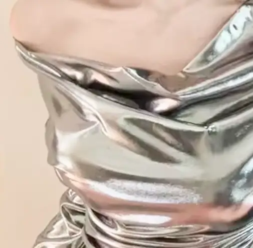 VERTE NWT SEXY Y2K Asymmetrical neck Metallic Ruched sleeves draped crop top M Silver Size M