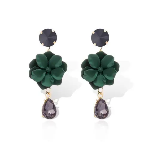 Women's Green Flower Crystal Teardrop Dangle Drop Earrings