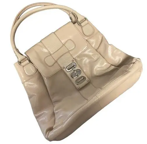 Badgley Mischka Satchel Purse Handbag Beige Tan Leather Large Bag EUC