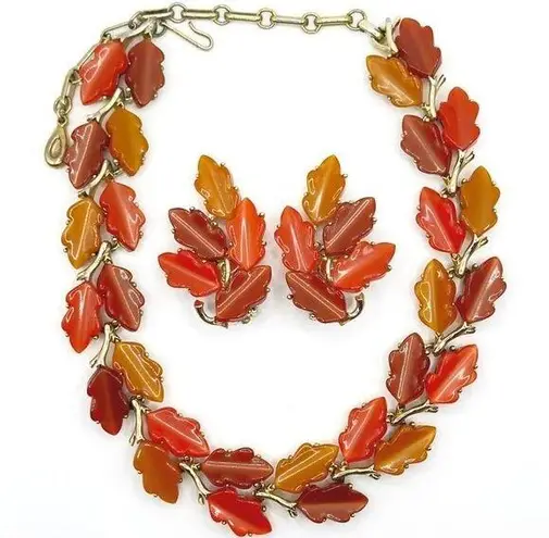 Vintage 1960 Signed Lisner Thermoset Lucite Fall Leaves Necklace Bracelet Set Orange
