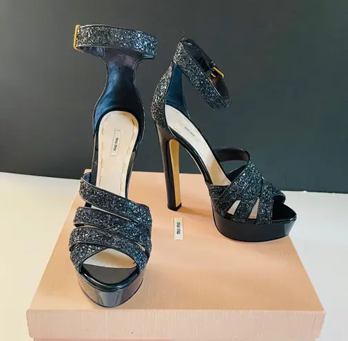 Miu Miu Patent Leather Glitter Accents Platform Sandals Blue Sz 10/40 Brand New