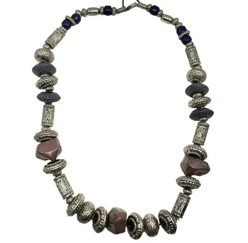 Handmade Mix Media Artisan Silver and Purple Bead Chunky Statement Boho Necklace