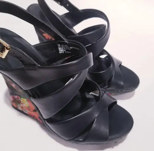 Cosmopolitan Black Floral Print Strappy Wedge Sandals