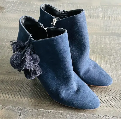 ZARA  Leather Navy Blue Pom Pom Detail Heel Ankle Boots Size 9.5