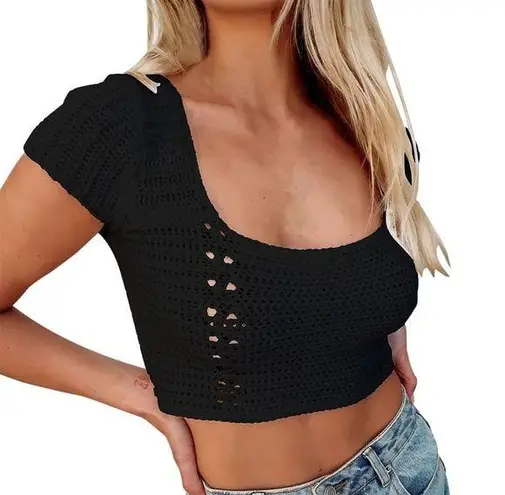 Double Zero  Crochet Lace Up Back Crop Top Black Club Goth Grunge Beach Y2k M