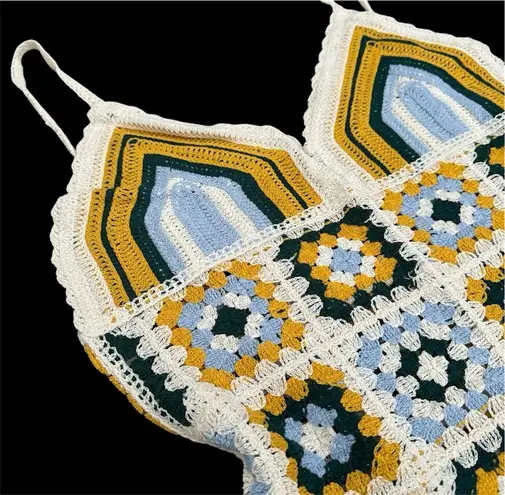 Retro Green & White Crochet Cover Up Mini Dress Multiple