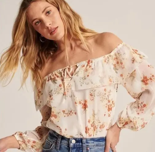 Abercrombie & Fitch White Floral Chiffon Off The Shoulder Bodysuit thumbnail 1
