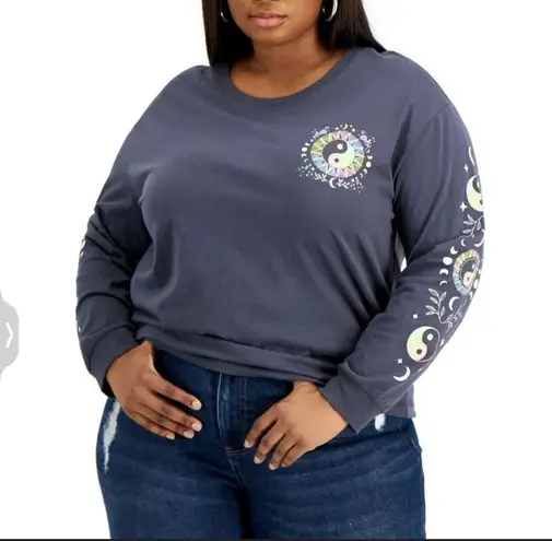 Rebellious One Womens Trendy Graphic Crop Top Pewter Blue Medium Long Sleeve New