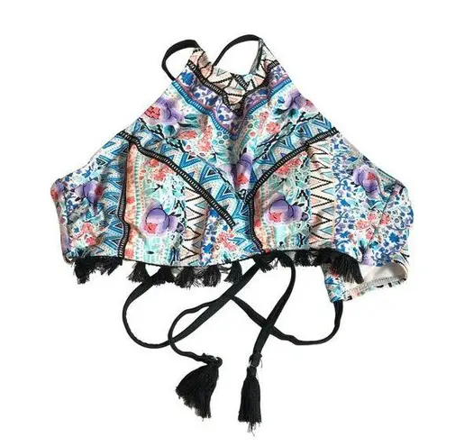 No Boundaries  Bikini Top High Neck Halter Removable Cups Fringe Blue Colorful S