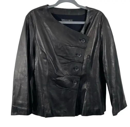 Lafayette 148  Black Leather Jacket Size 14 Buttery Soft Side Front Buttons