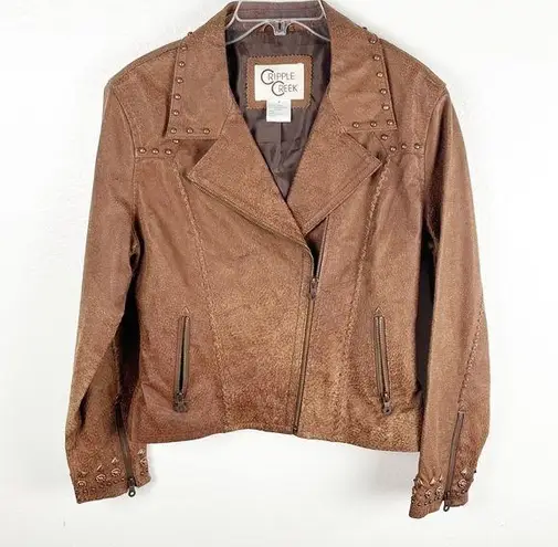 CRIPPLE CREEK Brown 100% Genuine Leather Studded Zipper Pockets Moto Jacket Size M