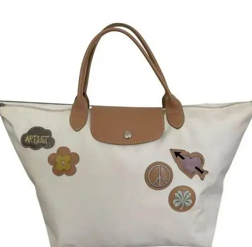 Longchamp  Le Pliage Small Handbag Tote White Tan Leather Paris Heart Patch