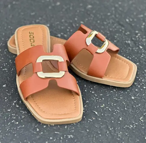 Soda Cognac Buckle Hardware Slip On Sandal