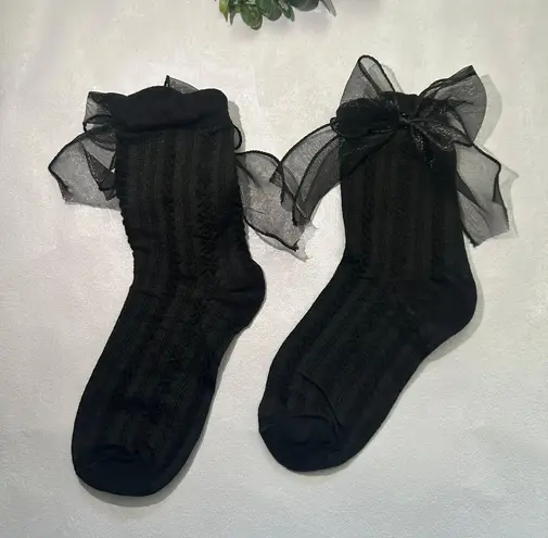 Handmade Black Socks with oversized organza Bow – Cotton blend 🎀