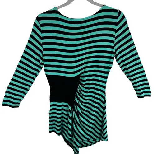 ECI  Green Black Striped 3/4 Sleeve Ruched Asymmetrical Pullover Stretch Top Sz M