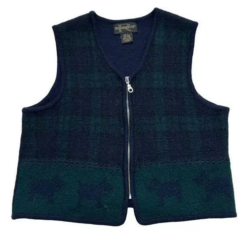 Requirements Vintage 100% Wool Large Scottie Dog Sweater Vest Full Zip Navy Blue Green Womens
