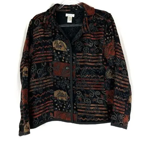 Christopher & Banks  | Black Autumn Patchwork Tapestry Fall Leaf Button Jacket XL