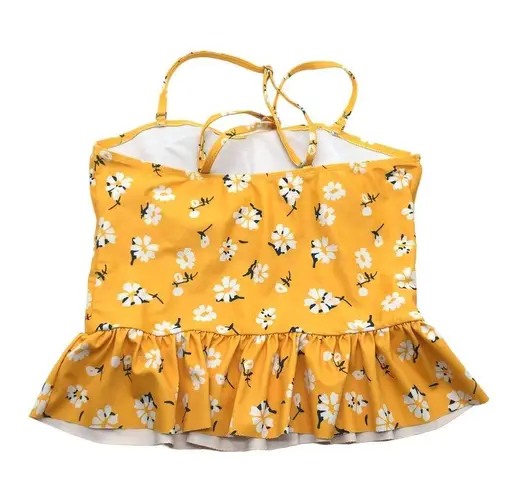 Yellow Floral Ruffle Hem Tankini Top Removable Cups Shelf Bra XS
