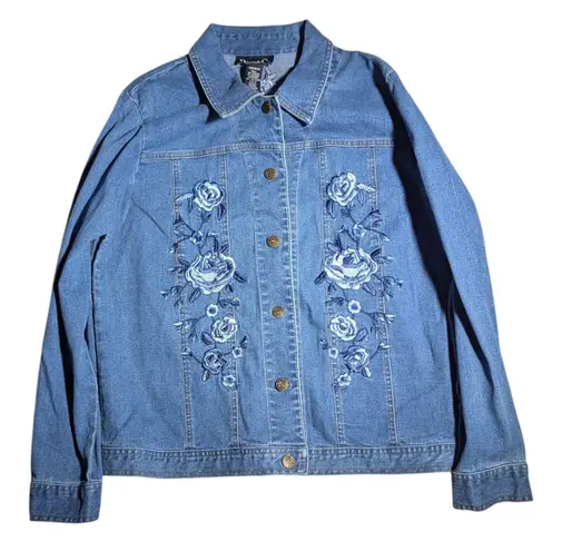 Vtg 1990s Denim & Co Blue Rose Floral Embroidered Stretch Jean Jacket Sz M Size M