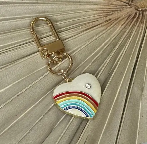 RAINBOW HEART AND GEM ENAMEL KEYCHAIN KEY RING PURSE CHARM NEW GOLDTONE