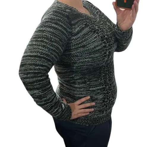 Olive & Oak SMALL Marled Varied Texture Loose Open Knit Panel Crew Neck Sweater