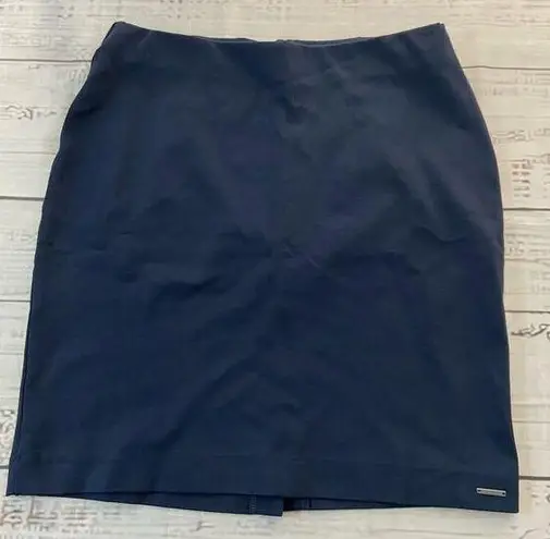 Tahari  Pencil Skirt Womens M Ponte Elastic Waist Back Slit Navy Blue Career NWT