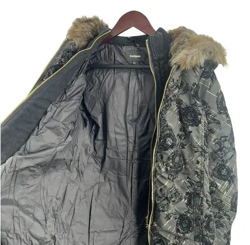 Desigual Parka 4 Black Gold Puffy Sweater Inset Hood Faux Fur New US 4