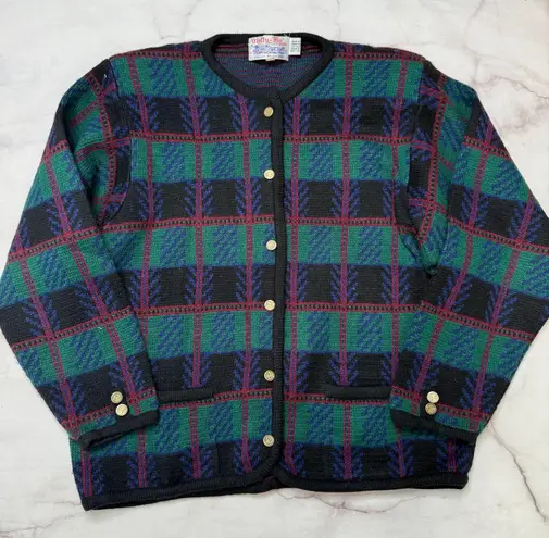 Vintage Tally Ho Womens Cardigan Sweater Size 2X Green Black Plaid Gold Buttons