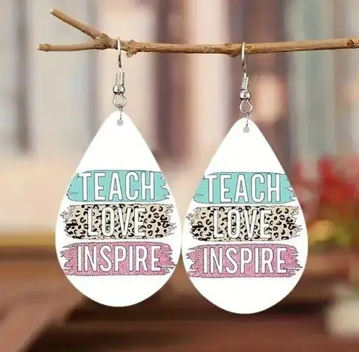 Boutique Boho Colorful Retro'Teach Love Inspire' Quote Natural Wood Teachers Gift Earring