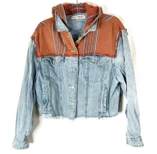 Free People  | Baja Denim Jacket Light Wash Cropped Hooded Raw Hem Cotton S